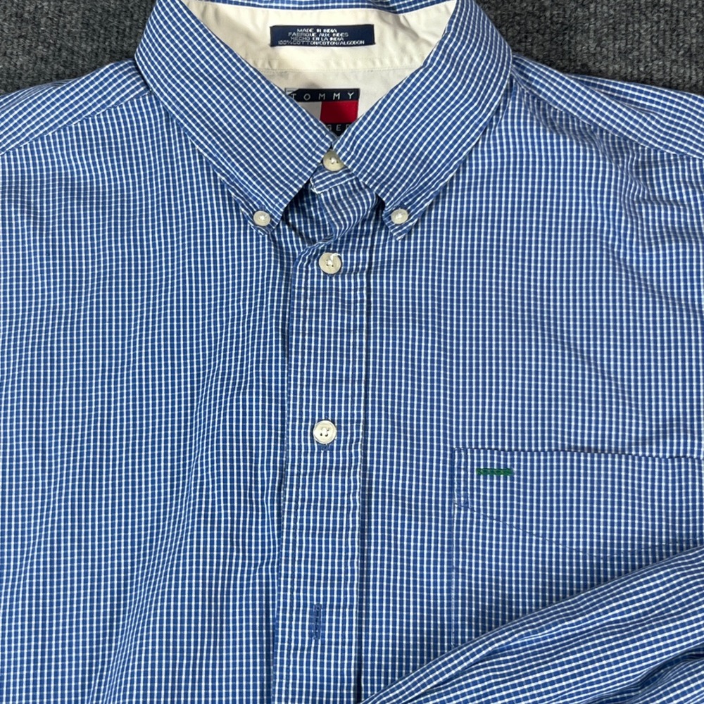 Tommy‎ Hilfiger Mens Button Down Shirt Blue Gingham Plaid Long Sleeve XL y2k
